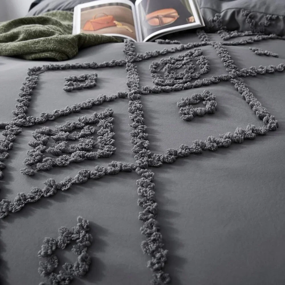 3PC QUEEN KING DUVET SET DK GREY Boho Cottage Tufted Design Duvet & Pillowcases